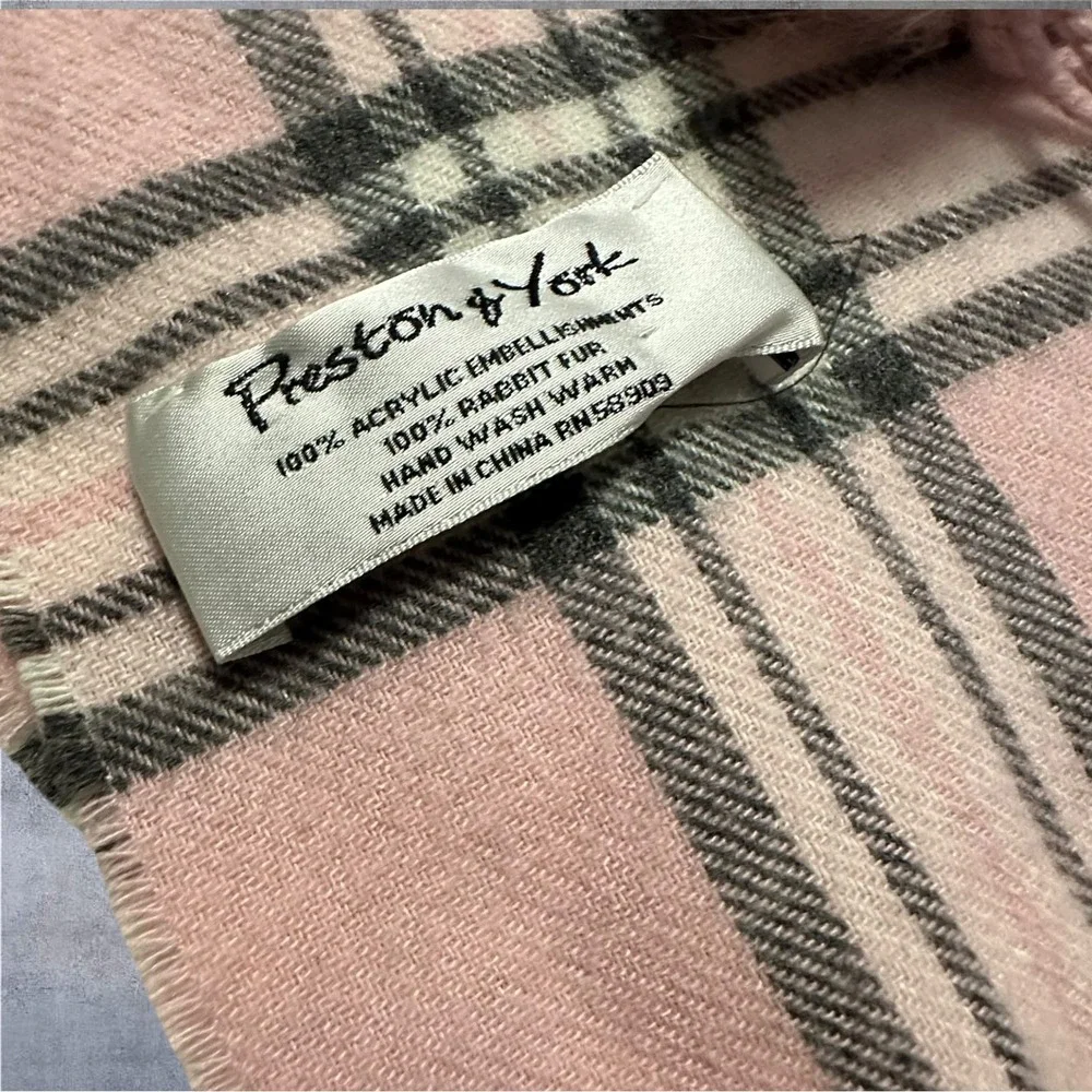Preston‎ & York Plaid Scarf Womens 64x10 Pink Rabbit Fur Pom Pom Fringe